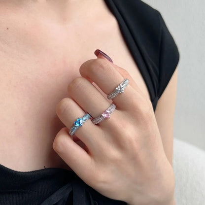 925 Silver CZ Heart Ring Set: Pink & Blue Diamond Wedding Rings - Couple Engagement Bands Bridal Set for Women - www.kubikstore.com