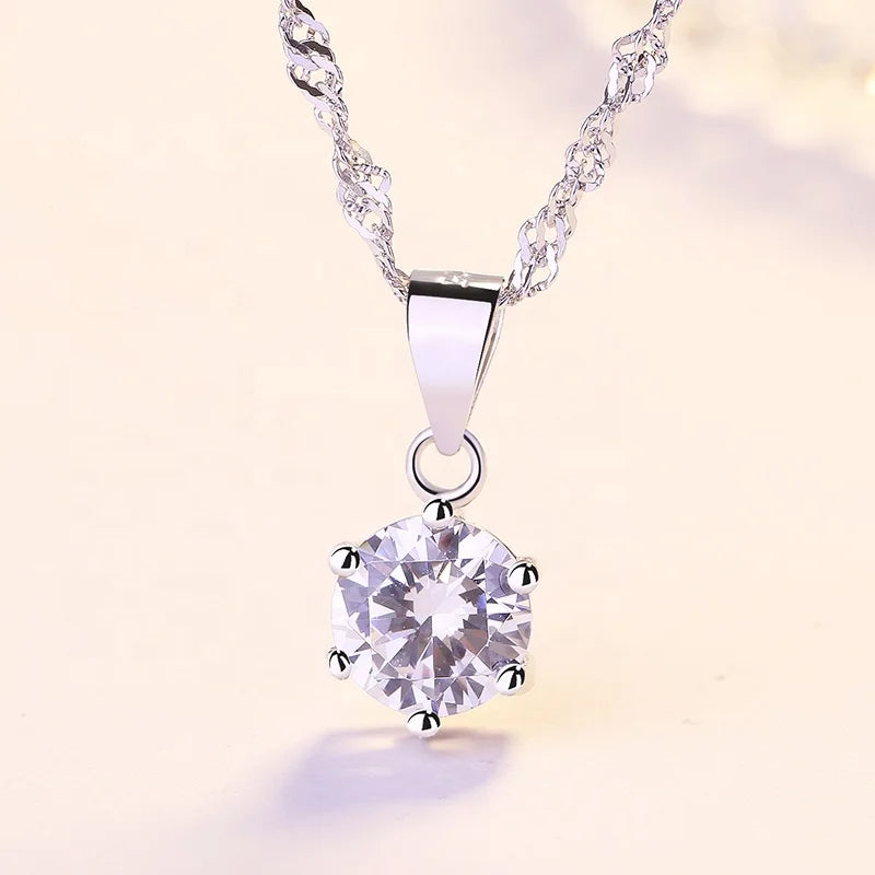 Sterling Silver 5A+ Zircon CZ Single Diamond Pendant Necklace with Six Claws: A Birthday Present for Women - www.kubikstore.com