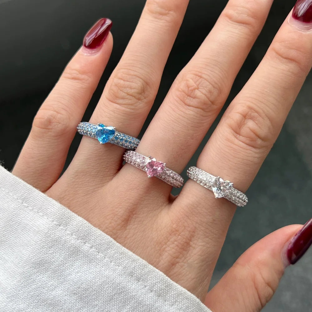 925 Silver CZ Heart Ring Set: Pink & Blue Diamond Wedding Rings - Couple Engagement Bands Bridal Set for Women - www.kubikstore.com