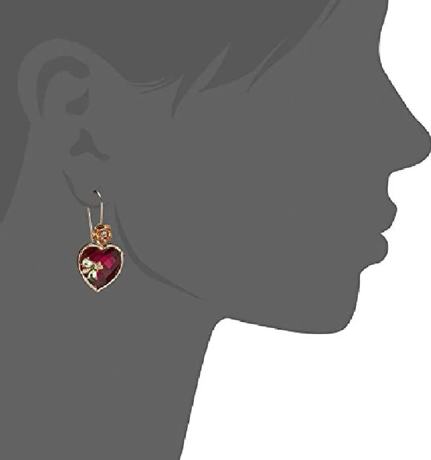 Vintage Wine Red Heart Drop Earrings: Metal & Glass Flower Huggies - www.kubikstore.com