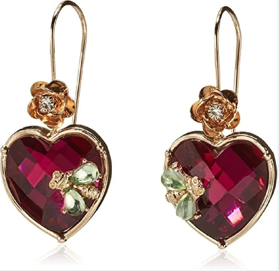 Vintage Wine Red Heart Drop Earrings: Metal & Glass Flower Huggies - www.kubikstore.com