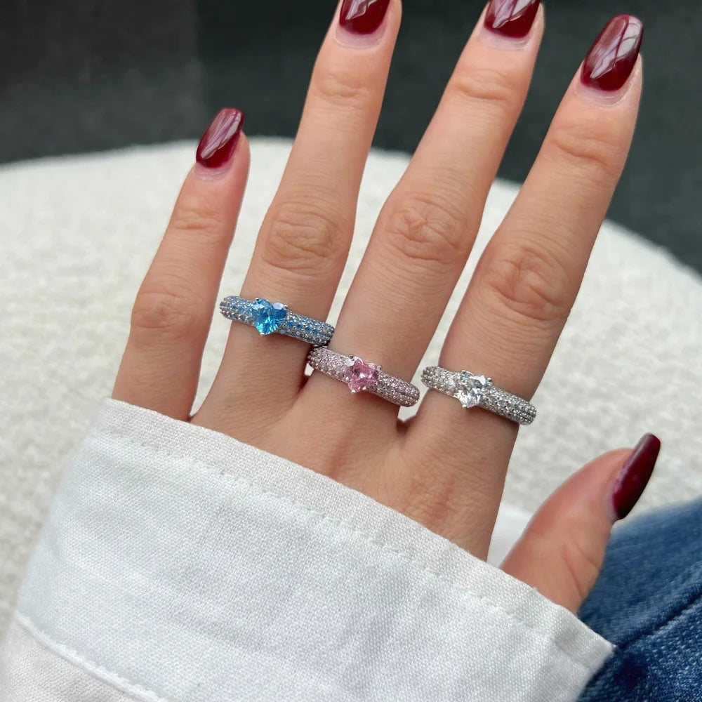 925 Silver CZ Heart Ring Set: Pink & Blue Diamond Wedding Rings - Couple Engagement Bands Bridal Set for Women - www.kubikstore.com