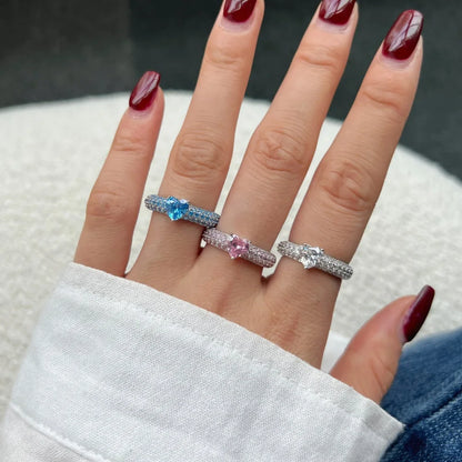 925 Silver CZ Heart Ring Set: Pink & Blue Diamond Wedding Rings - Couple Engagement Bands Bridal Set for Women - www.kubikstore.com