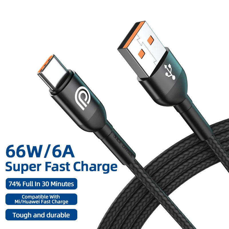 Type-C Port 6A Fast Charging 66W Mobile Phone USB Data Cable - Compatible with Huawei, Samsung, Xiaomi, OnePlus - www.kubikstore.com