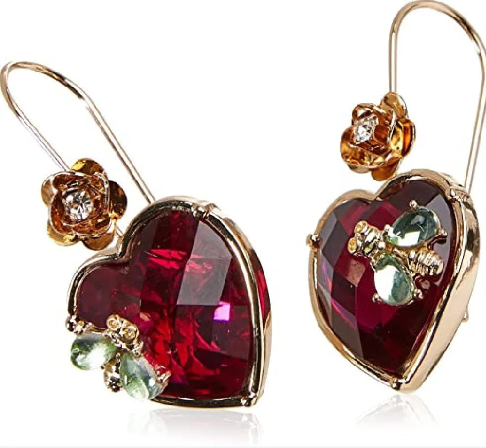 Vintage Wine Red Heart Drop Earrings: Metal & Glass Flower Huggies - www.kubikstore.com